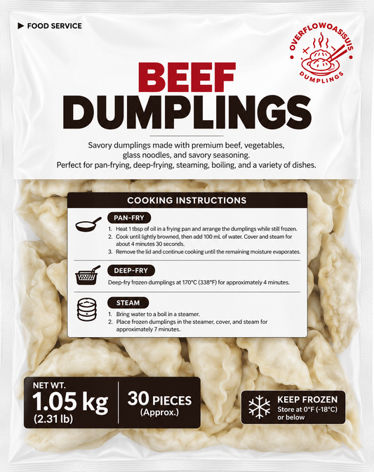 OverflowOasis Beef Dumplings – 2.31 lb (30 Pieces) × 5 Bags | 11.57 lb Case