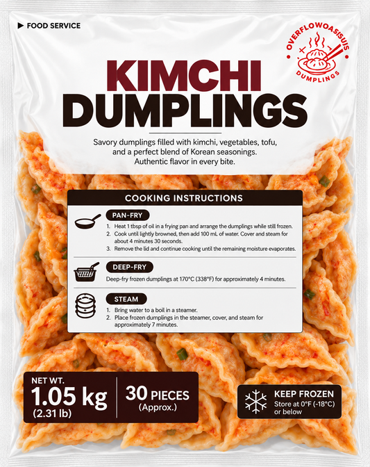 OverflowOasis Kimchi Dumplings – 2.31 lb (30 Pieces) × 5 Bags | 11.57 lb Case