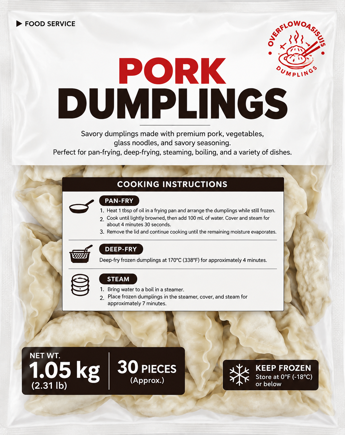 OverflowOasis Pork Dumplings – 2.31 lb (30 Pieces) × 5 Bags | 11.57 lb Case