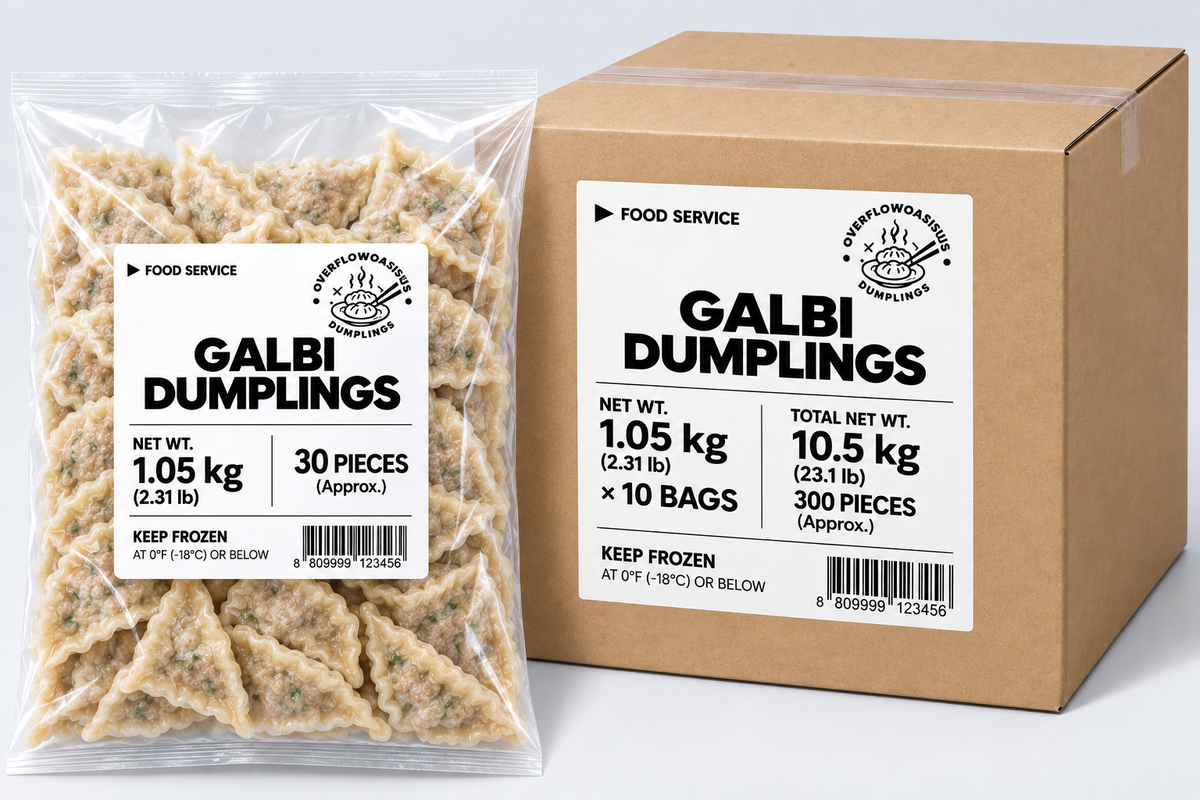 OVERFLOWOASISUS Galbi Dumplings – Korean-Style Beef Dumplings, Food Service Bulk Pack, 10 × 2.31 lb Bags (300 Pieces)