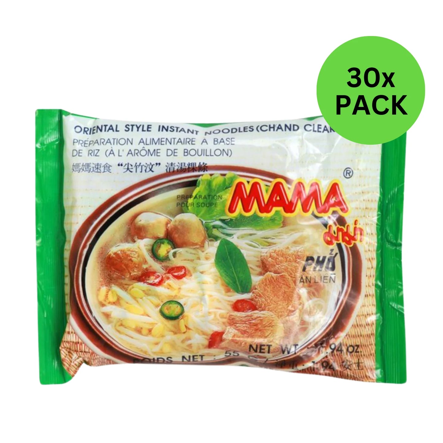 MAMA Oriental Style Instant Noodles Pho Bo (Chand Clear Soup) 9.7 Oz (1.94 Oz ea.) -30 Packs