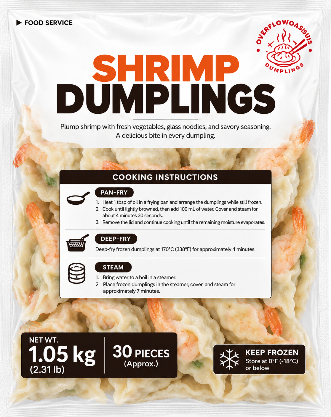 OverflowOasis Shrimp Dumplings – 2.31 lb (30 Pieces) × 5 Bags | 11.57 lb Case