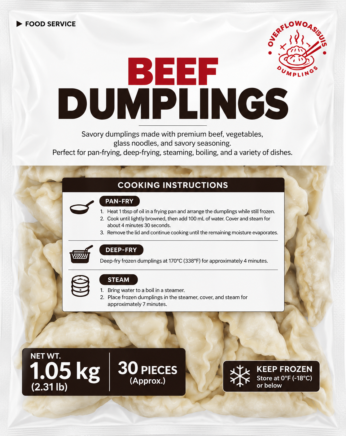 OverflowOasis Beef Dumplings – 2.31 lb (30 Pieces) × 5 Bags | 11.57 lb Case