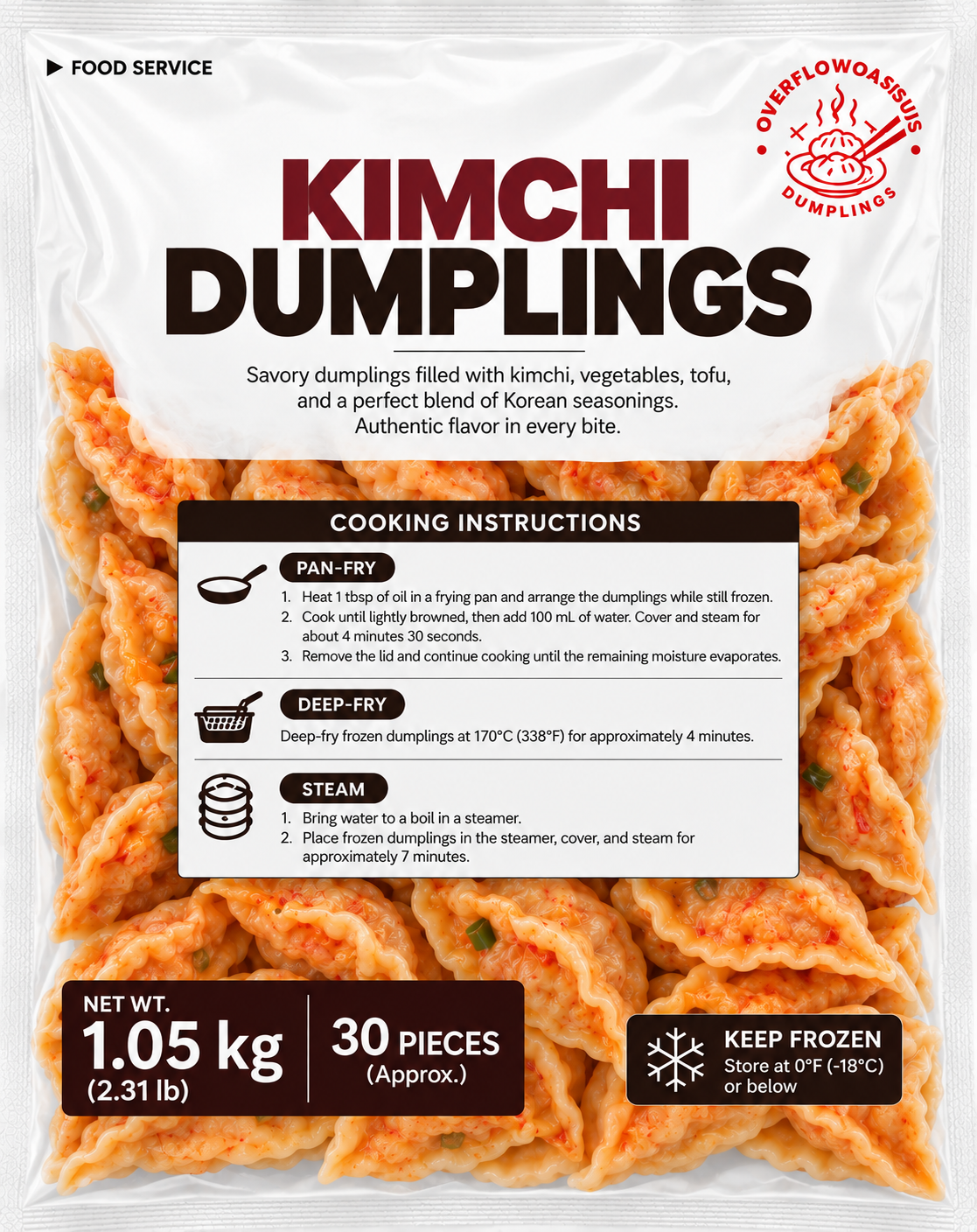 OverflowOasis Kimchi Dumplings – 2.31 lb (30 Pieces) × 5 Bags | 11.57 lb Case